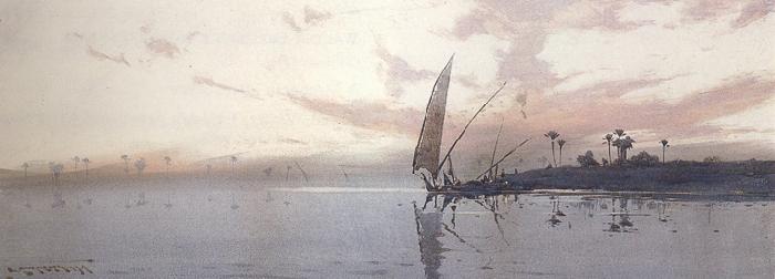augustus osborne lamplough,r.w.s Feluccas on the Nile at dawn and Feluccas on the Nile at Dusk (mk37) oil painting image